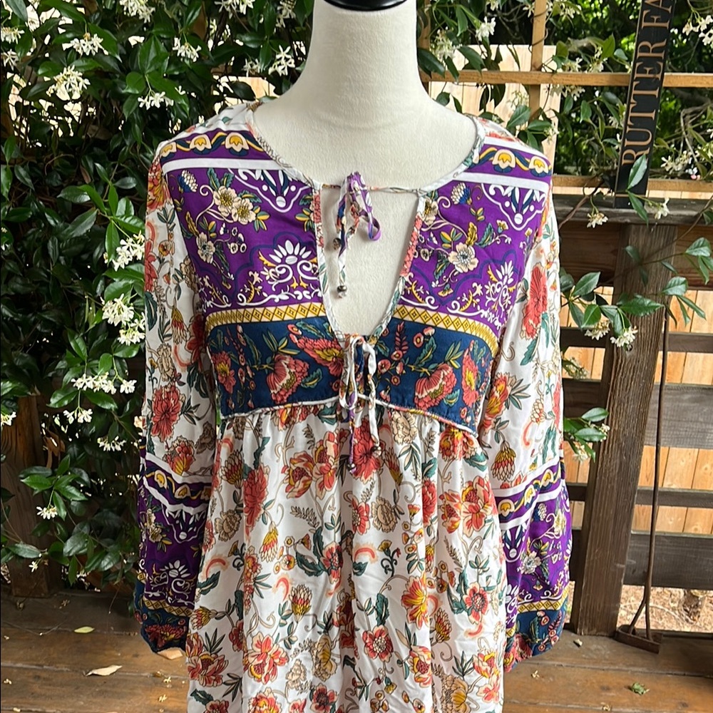 Floral Bohemian Dress with Purple Accents
